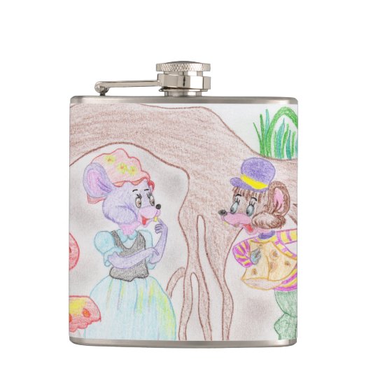 Aangepast Kinder kunstwerk, twee leuke muis, bloem Heupfles (Voorkant)