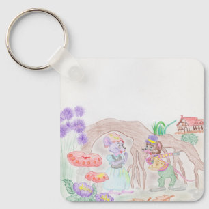 Aangepast Kinder kunstwerk, twee leuke muis, bloem Sleutelhanger