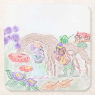 Aangepast Kinder kunstwerk, twee leuke muis, bloem Vierkante Kartonnen Onderzetter