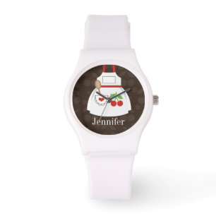 Aangepast koffiebruin en rood keukenpron horloge