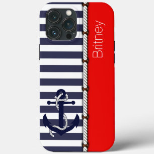 Aangepast leuk marineblauw wit gestreept helder ro iPhone 13 pro max hoesje