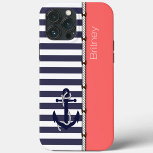 Aangepast leuk marineblauw wit gestreepte koraalro iPhone 13 pro max hoesje