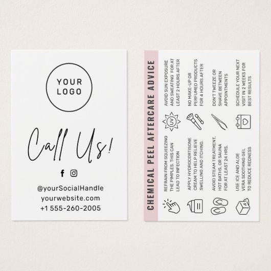 Aangepast Logo elke kleur Chemische Peel Aftercare Visitekaartje (Voorkant /achterkant)