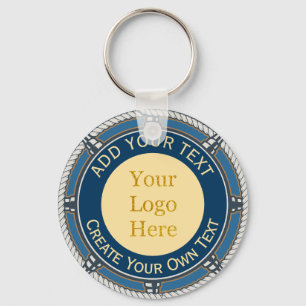Aangepast logo Middenblauw en Goud Scheepstouw Sleutelhanger