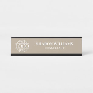 Aangepast logo Professionele Taupe Beige Minimal Bureau Naambordje