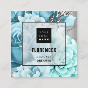 Aangepast Logo QR-CODE Zilvergrijs Floral Aqua Blu Vierkante Visitekaartje