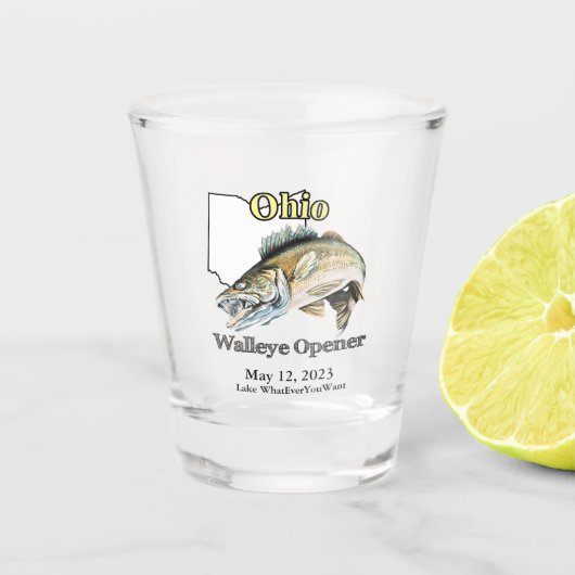 Aangepast meer/Datum Ohio Walleye Opener Shot Glas (Voorkant)