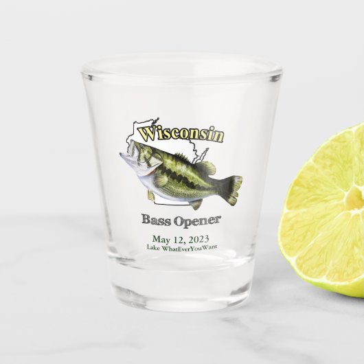 Aangepast meer/Datum Wisconsin Bass Opener Shot Glas (Voorkant)