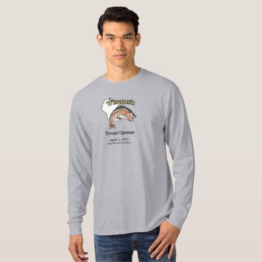Aangepast meer/datum wisconsin forel opener donker t-shirt (Voorkant volledig)