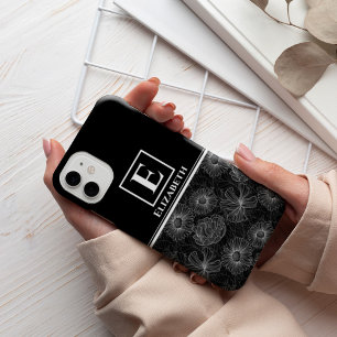 Aangepast modern monogram zwart-wit en witte flora iPhone 13 pro max hoesje