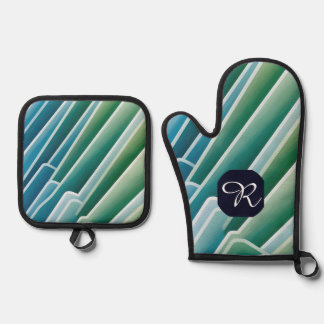 Aangepast Monogram Abstract Blauw Groen Ovenwant & Pannenlap Set