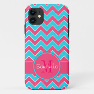 Aangepast monogram Aqua & Roze Chevron Pattern iPhone 11 Hoesje