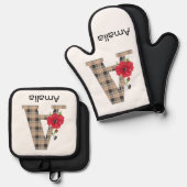 Aangepast monogram, bewerkbaar A tekst rode bloem  Ovenwant & Pannenlap Set (Voorkant / Achterkant)