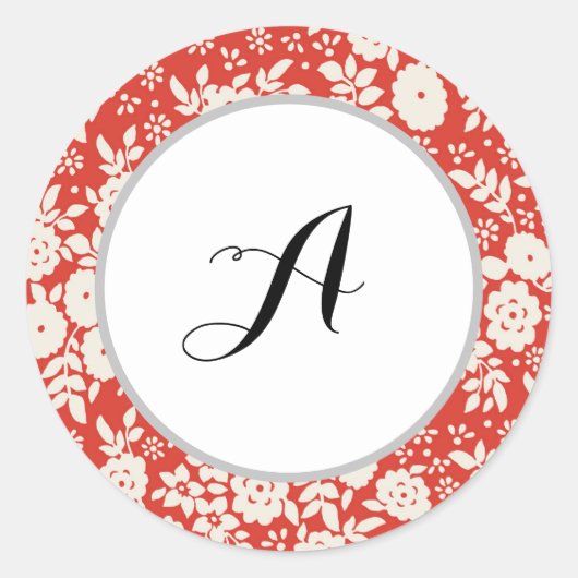 Aangepast Monogram Bloempatroon Rood Ronde Sticker (Voorkant)