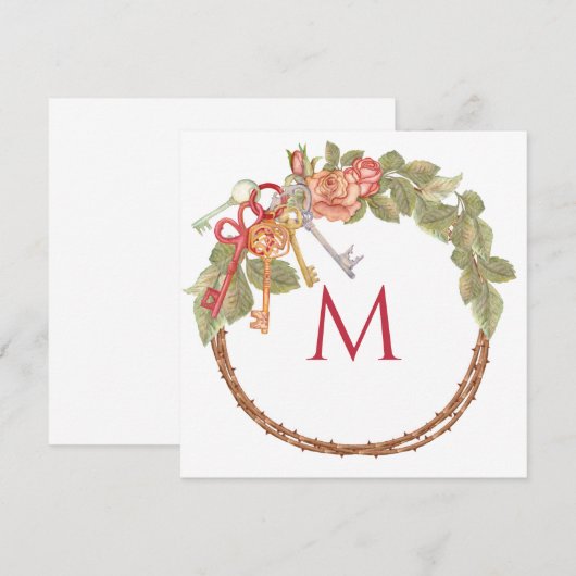 Aangepast Monogram Briefpapier met Sleutel & Krans Kaart (Voorkant / Achterkant)