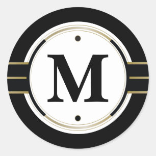 Aangepast Monogram Elegant Zwart en Goud Deco Ronde Sticker