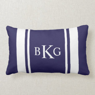 Aangepast monogram- en strippatroon Navy Blue Kussen