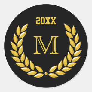 Aangepast monogram gouden lauwerkrans op zwart ronde sticker