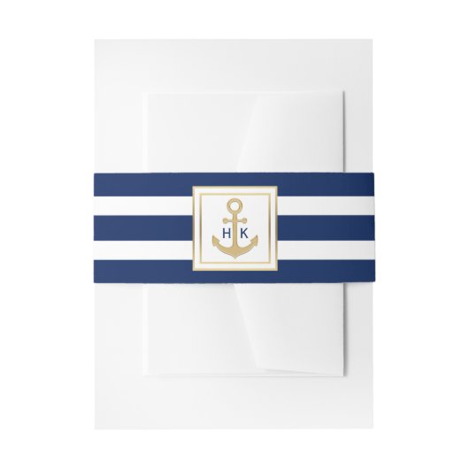 Aangepast monogram goudmarinevlek Blauwe Stripes W Uitnodigingen Wikkel (Voorkant Voorbeeld)