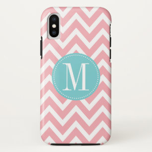 Aangepast monogram lichtblauw en roze Chevron iPhone XS Hoesje