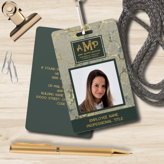 Aangepast Monogram Logo Gold Green Texture Medewer Badge