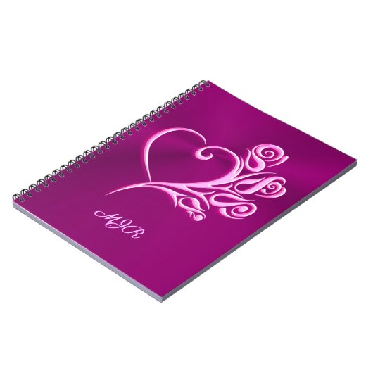 Aangepast monogram, Mauve Stylized Heart en Rozen Notitieboek (Linkerzijde)