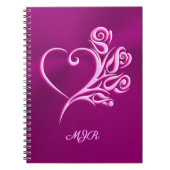Aangepast monogram, Mauve Stylized Heart en Rozen Notitieboek (Voorkant)