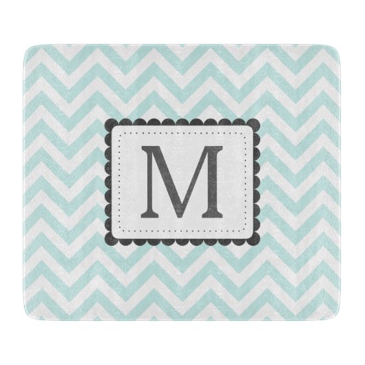 Aangepast monogram mint Blue en White Chevron Snijplank (Voorkant)