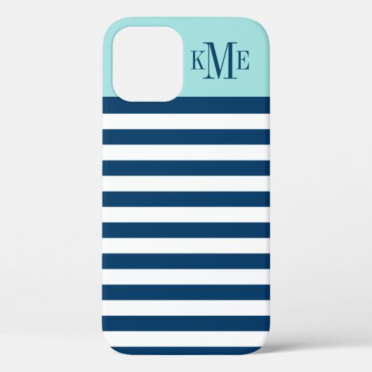 Aangepast monogram moderne Aqua Blue Navy Stripes Case-Mate iPhone Case (Achterkant)