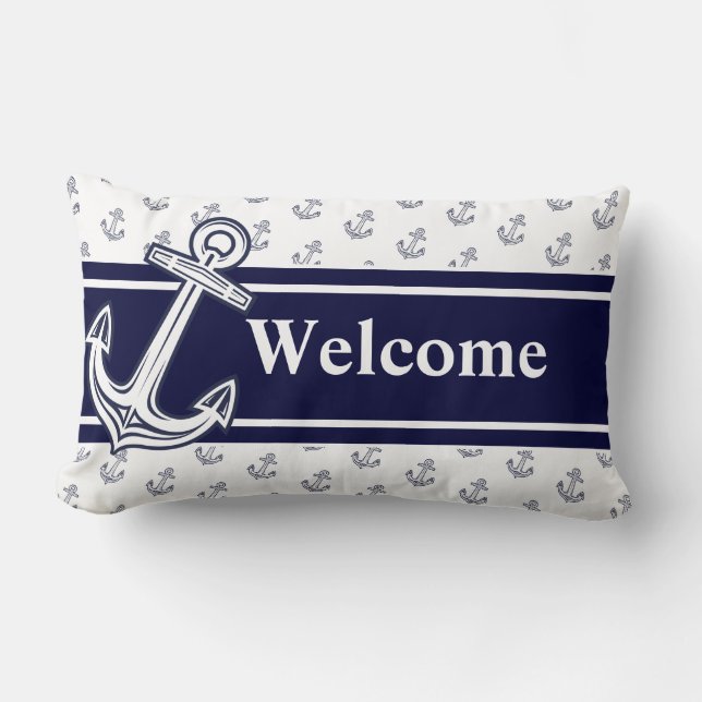 Aangepast Monogram Nautisch Anker Marine Blauw Wit Kussen (Voorkant)