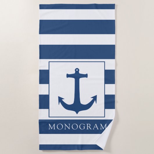 Aangepast monogram Navy Blue Anchor Strandlaken (Voorkant)