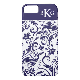 Aangepast monogram Navy Blue Damask-patroon iPhone 8/7 Hoesje