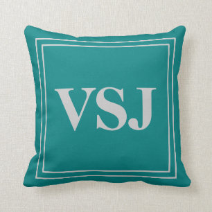 Aangepast monogram op grijs en Blauwgroen Kussen