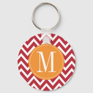 Aangepast monogram Oranje en donkerrood Chevron Sleutelhanger