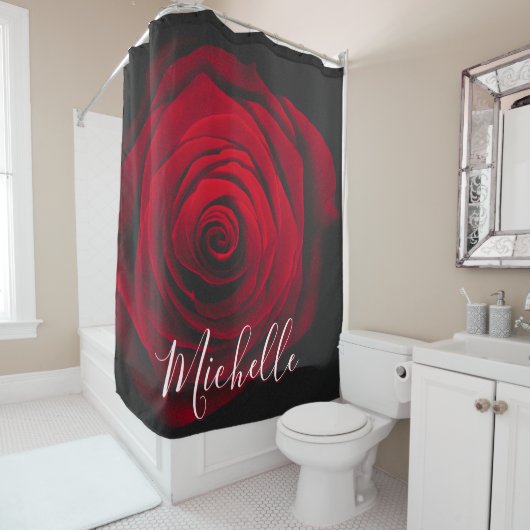 Aangepast monogram rode roze  foto douchegordijn (In situ)