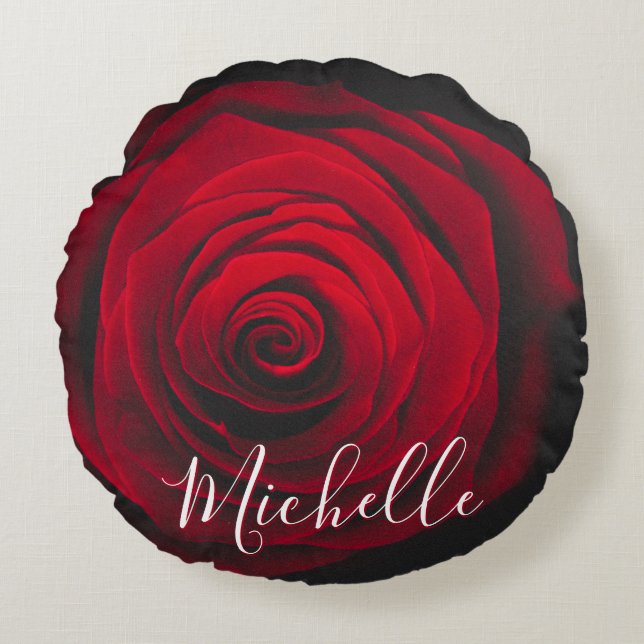 Aangepast monogram rode roze  foto rond kussen (Voorkant)