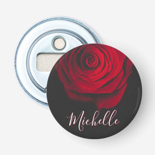 Aangepast monogram rode roze  foto zwart button flesopener (Voorkant)