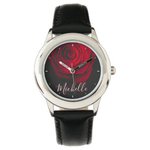 Aangepast monogram rode roze foto zwart horloge