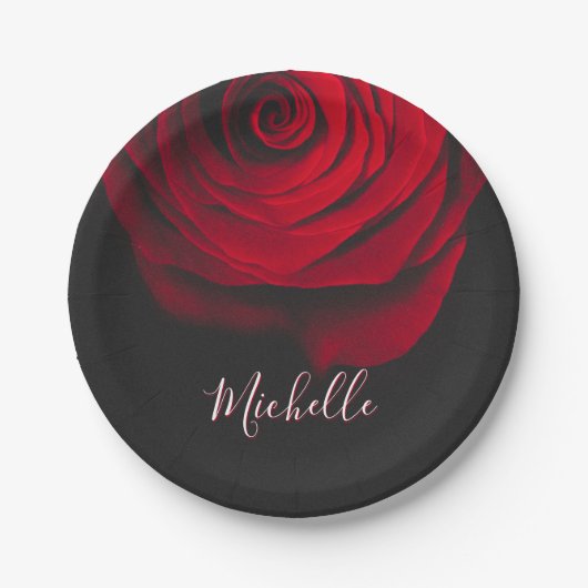 Aangepast monogram rode roze foto zwart papieren bordje (Voorkant)