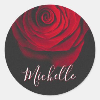 Aangepast monogram rode roze foto zwart ronde sticker