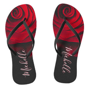 Aangepast monogram rode roze  foto zwart teenslippers