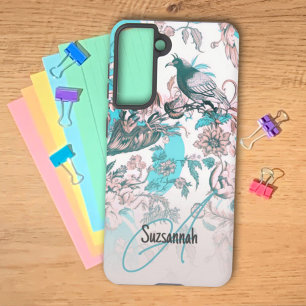 Aangepast monogram roze blauwe vogel en Floral Pat Samsung Galaxy Hoesje