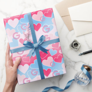Aangepast monogram roze en blauw hart Modern Elega Cadeaupapier