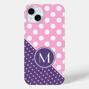 Aangepast monogram, roze, Paarse en witte stippen iPhone 15 Mini Hoesje