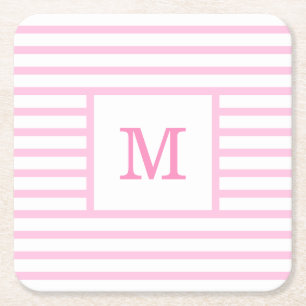 Aangepast monogram voor baby roze en witte strepen vierkante kartonnen onderzetter