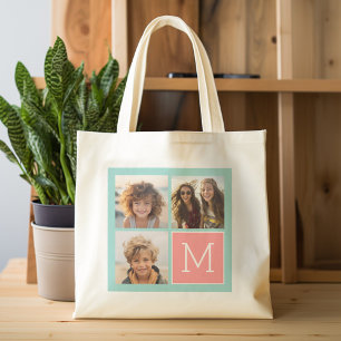 Aangepast monogram voor foto's van Mint en Koraal Tote Bag
