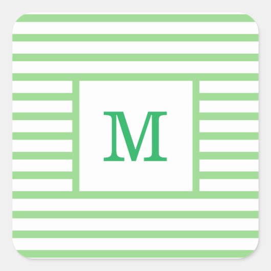 Aangepast monogram voor groene en witte strepen vierkante sticker (Voorkant)