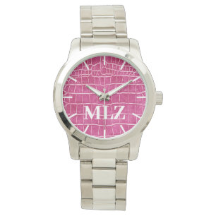 Aangepast monogram warm roze faux crocodile maken horloge