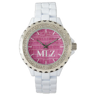 Aangepast monogram warm roze faux crocodile maken horloge