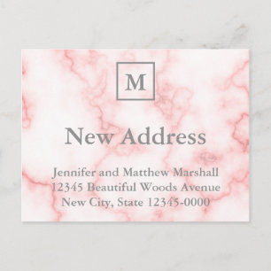 Aangepast Monogramma Faux Roze Marble Nieuw Adres Briefkaart
